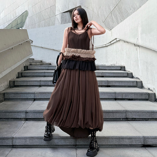 【セットアップ】【単品注文】春新作 レトロ メッシュ切替 フリル ベスト＋ミディ スカート ゆったり ファッション 上下セット【AHシリーズ】