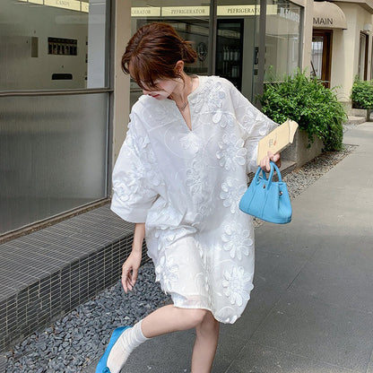 【ワンピース】フレンチヴィンテージ風 立体刺繍半袖ワンピース 大人可愛い＆着やせ見えデザイン【JZシリーズ】