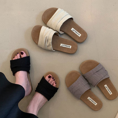 【シューズ】リゾート風 ビーチ リネン プリーツ フラットサンダル 外履き 夏用