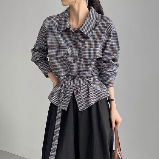 【トップス】韓国風 シンプルギンガムシャツ レディース ベルト付き デザインシャツ 襟付き ウエストマーク 美シルエット 着回しトップス【JZシリーズ】