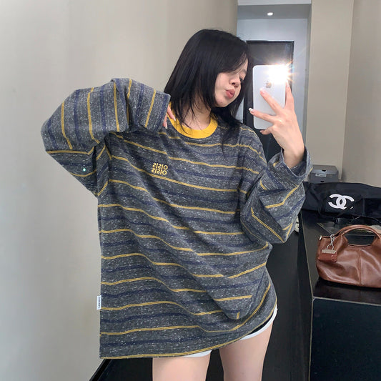 【トップス】レトロ ゆる感 薄手 ストライプ 長袖Tシャツ レディース 春新作【FCシリーズ】