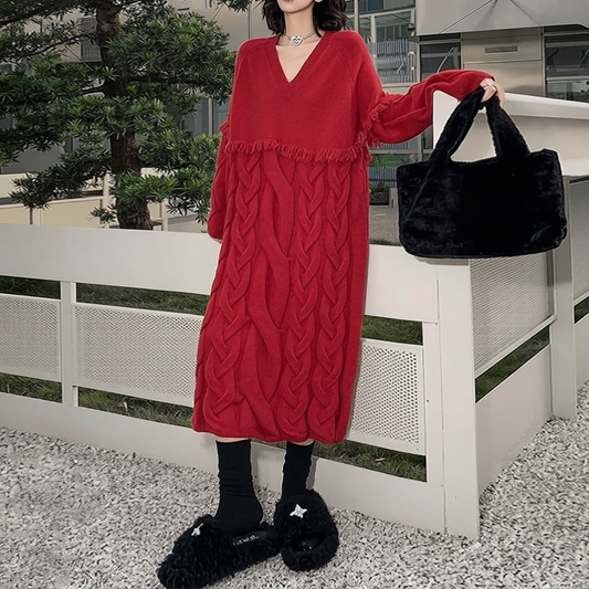 【ワンピース】個性派デザイン レディース 長袖 ケーブル編みニットワンピース Vネック ゆったり 秋冬【AHシリーズ】