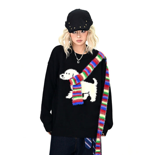 【トップス】スカーフデザイン 子犬モチーフ クルーネックニット ゆったり BF風 トレンドブランド ニットセーター【FCシリーズ】