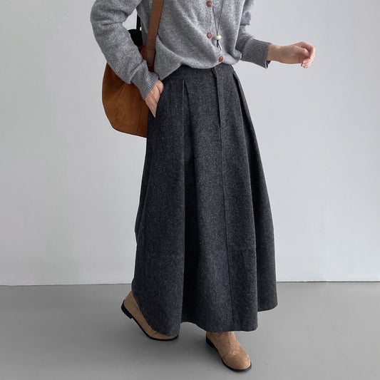【ボトムス】ウール風  バルーンスカート 気質Aライン プリーツ入り【JZシリーズ】