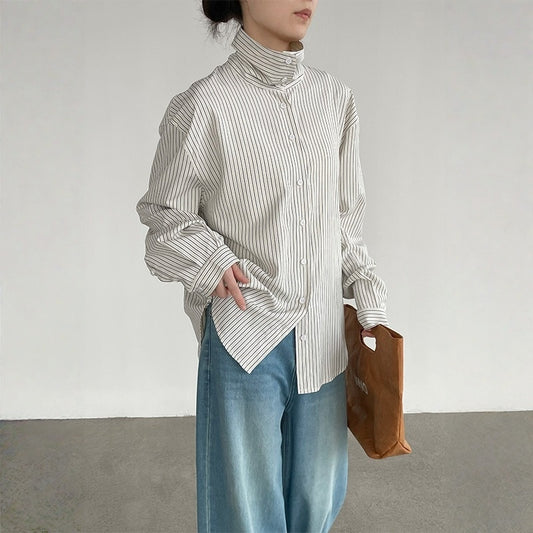 【トップス】知的コーデ 通勤 ストライプ 長袖シャツ  【JZシリーズ】