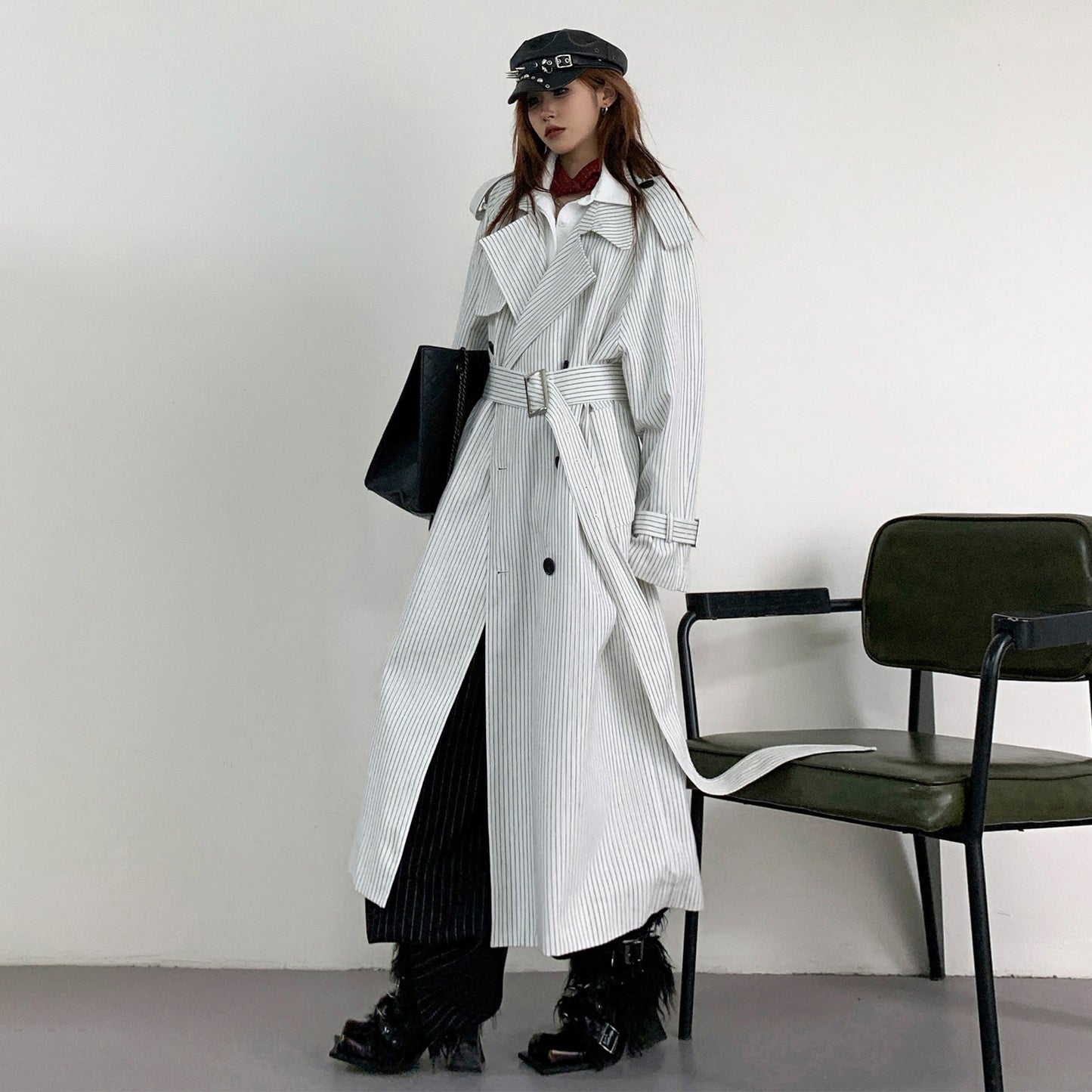 【アウター】韓国風 ストライプ ダブルボタン ベルト付き ロングトレンチコート【FCシリーズ】【10～15日内発送】