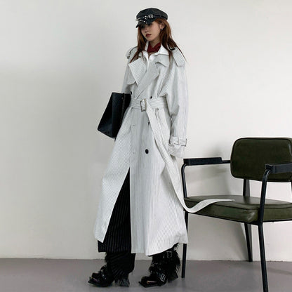 【アウター】韓国風 ストライプ ダブルボタン ベルト付き ロングトレンチコート【FCシリーズ】【10～15日内発送】