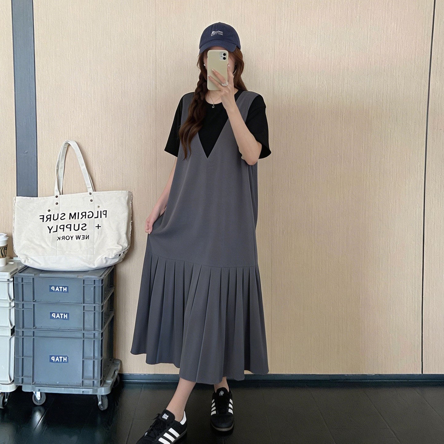 【ワンピース】韓国風フェイクレイヤードワンピース レディース 夏 半袖 ロングワンピース 切替デザイン ゆったり体型カバー 着痩せカジュアル【JZシリーズ】