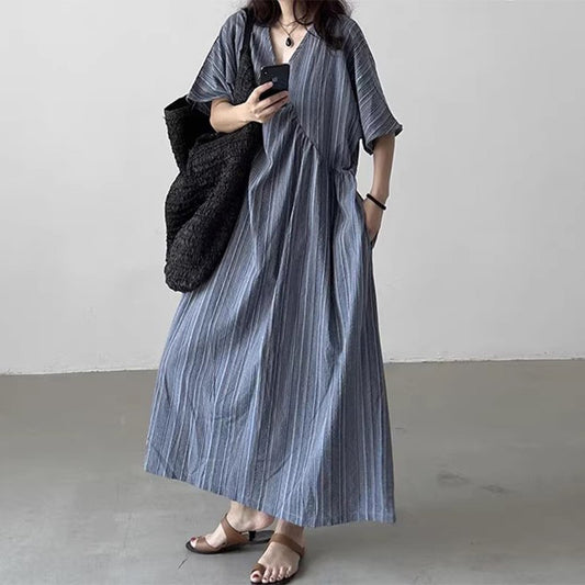 【ワンピース】【JZシリーズ】Vネック 半袖ワンピース｜レトロな雰囲気×楽ちんポケット付きロング丈・ゆったりシルエット