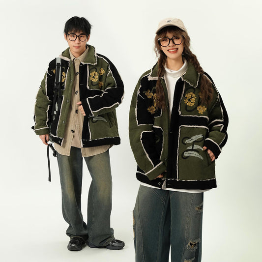 【アウター】カップルにもおすすめ⭐ 冬用 花柄刺繍 切替 スエード調 ボア 中綿ジャケット ユニセックス 厚手 綿入れコート【FCシリーズ】