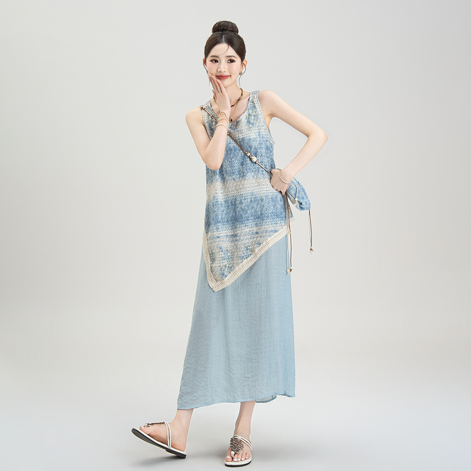 【ワンピース】リゾート風 夏新作 アシンメトリー ストライプタイダイ フェイクレイヤード ノースリーブワンピース【SHシリーズ】