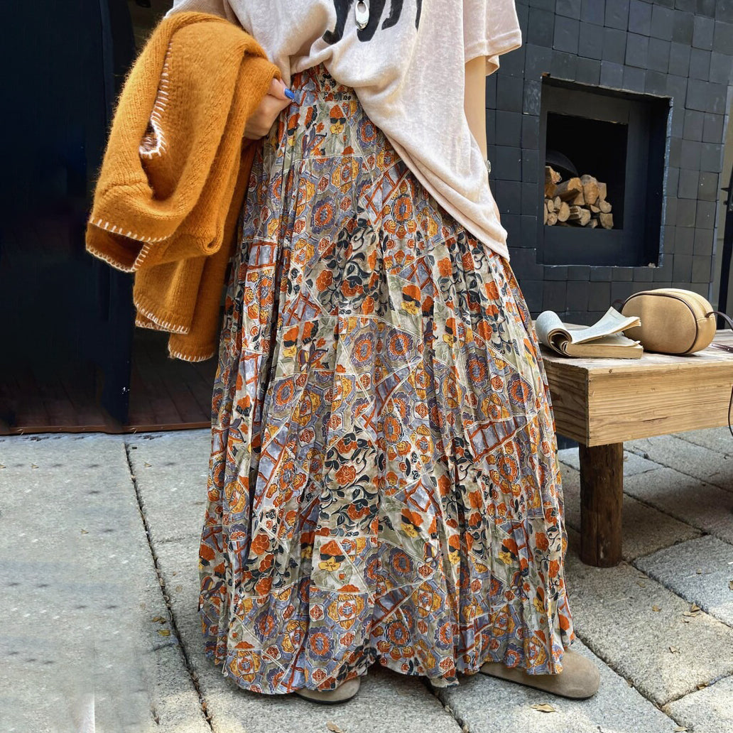 【ボトムス】花柄デザイン ハイウエスト ロングスカート Aライン 落ち感【SHシリーズ】