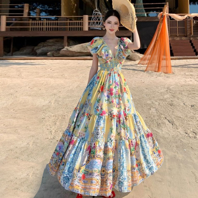 【ワンピース】リゾート風 アートプリントワンピース レディース 夏 Vネック ロング丈 ビーチワンピース ゆったり ノースリーブ シルエット【SHシリーズ】