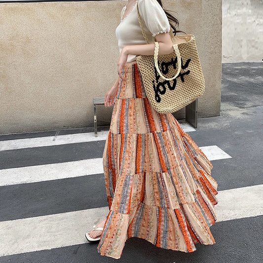 【ボトムス】シフォン花柄ロングスカート レディース 夏 ドレープ感 ティアードデザイン Aラインスカート 着痩せ【SHシリーズ】