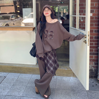 2点セット!【セットアップ】ブラウン 韓国風 カジュアル ロゴスウェット＋チェックワイドパンツ 上下セット【JZシリーズ】