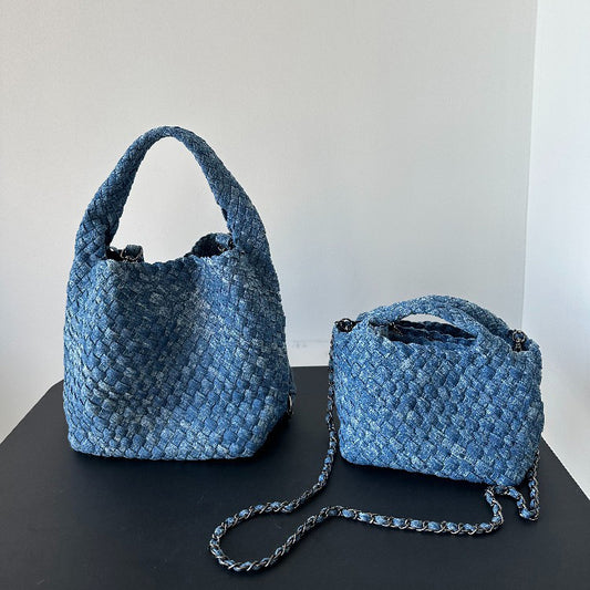 【バッグ】デニム風 編み込みバッグ レディース 大容量 トートバッグ ハンドバッグ 2WAY ショルダー 上品 カジュアル