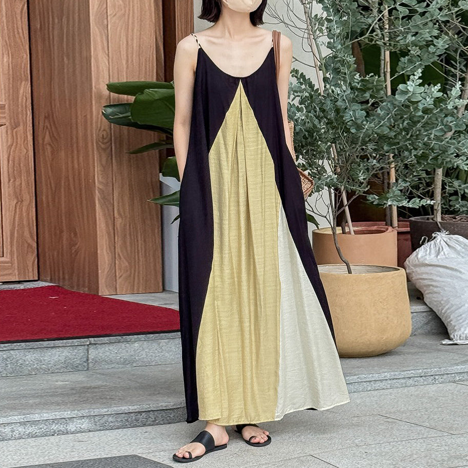 【ワンピース】リゾート風 編み込みストラップ付き 配色細見え ゆったりノースリーブワンピース【SHシリーズ】