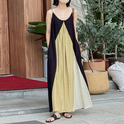 【ワンピース】リゾート風 編み込みストラップ付き 配色細見え ゆったりノースリーブワンピース【SHシリーズ】