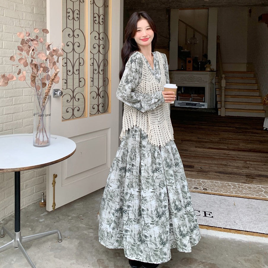ベストプレゼント！【ワンピース】透かし編み 水墨画風花柄長袖ワンピース レディース 春秋 トレンド 超可愛い【SHシリーズ】