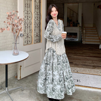 ベストプレゼント！【ワンピース】透かし編み 水墨画風花柄長袖ワンピース レディース 春秋 トレンド 超可愛い【SHシリーズ】