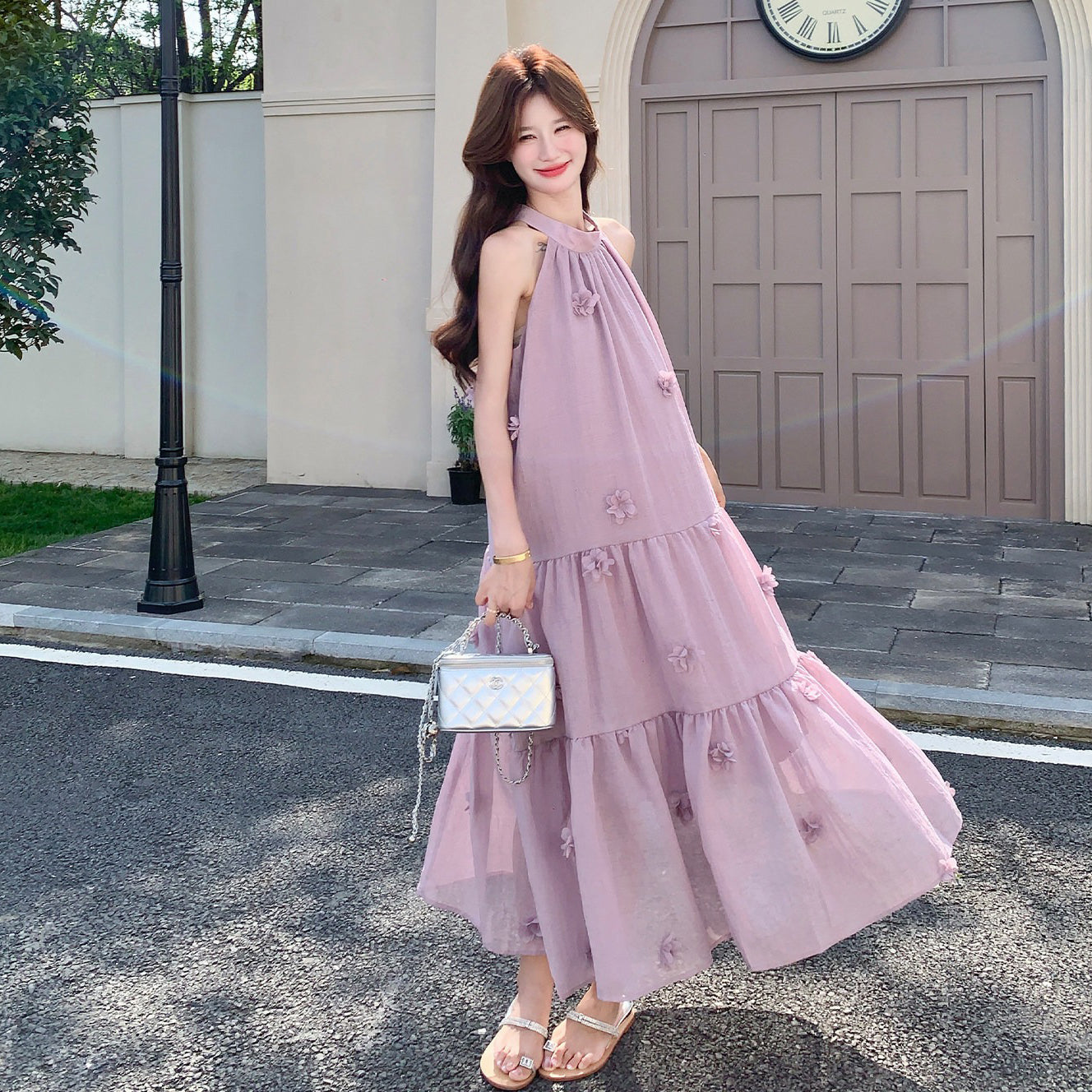 【ワンピース】フレンチ風パープル立体フラワー ノースリーブワンピース レディース 夏新作 ゆったり 体型カバー【JZシリーズ】