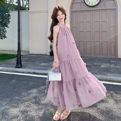 【ワンピース】フレンチ風パープル立体フラワー ノースリーブワンピース レディース 夏新作 ゆったり 体型カバー【JZシリーズ】