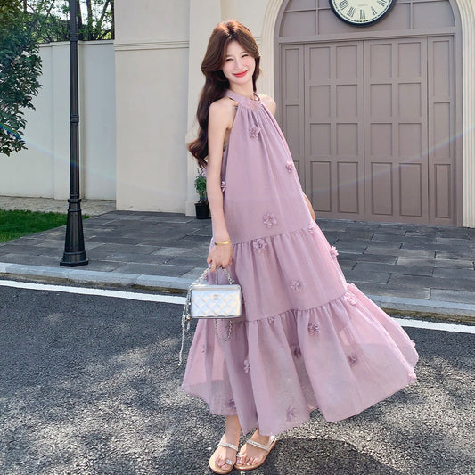【ワンピース】フレンチ風パープル立体フラワー ノースリーブワンピース レディース 夏新作 ゆったり 体型カバー【JZシリーズ】