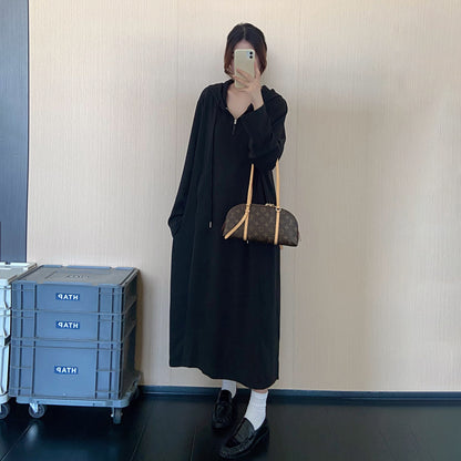 【ワンピース】韓国風ハーフジップフード付きワンピース レディース 秋新作 長袖 ロング丈 ゆったり 体型カバー【JZシリーズ】