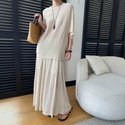 【セットアップ】ルーズでリラックス感 ドルマンスリーブ ニットトップス + ウエストゴム ハイウエストスカート 2点上下セット【JZシリーズ】