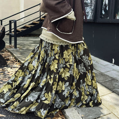 【ボトムス】ヴィンテージ風 フレアスカート 新作 ウエストゴム 花柄 ロング【SHシリーズ】