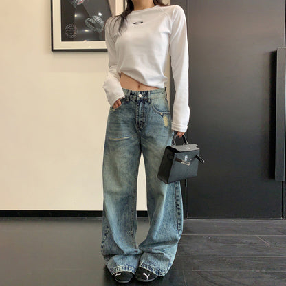 【ボトムス】ヴィンテージ加工 ダメージ 直筒 ワイドレッグ ジーンズ レディース パンツ【FCシリーズ】