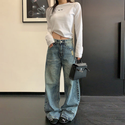 【ボトムス】ヴィンテージ加工 ダメージ 直筒 ワイドレッグ ジーンズ レディース パンツ【FCシリーズ】