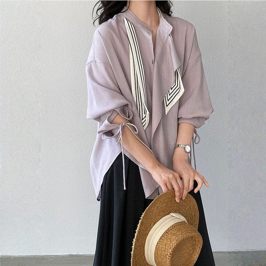 【トップス】ライトフレンチ ロマンティック リボン結び ゆったり シャツ 【JZシリーズ】