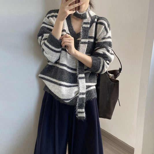 【トップス】ニット 配色ストライプ Vネック セーター レディース 秋冬 上品 ゆったり【JZシリーズ】