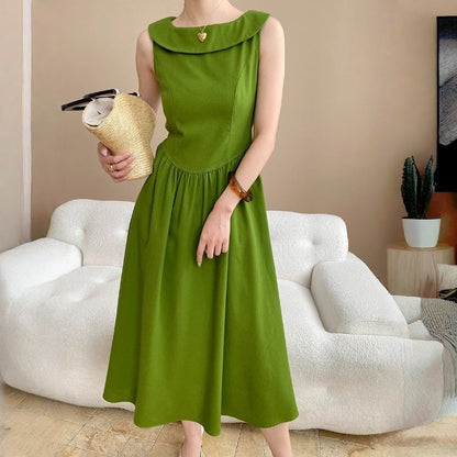 【ワンピース】夏 マンボ デザイン感 フレンチ フリル襟 ウエストマーク ノースリーブ ワンピース 【SNシリーズ】