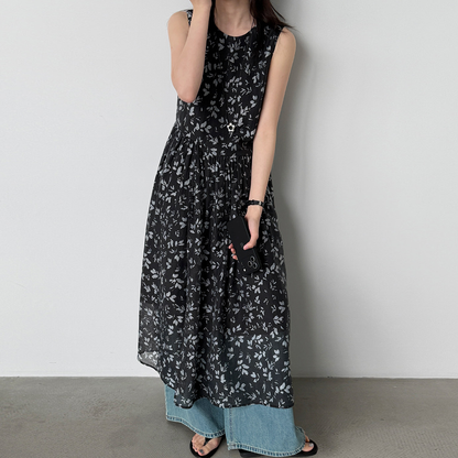 【ワンピース】花柄 ワンピース レディース 夏 ノースリーブ ラウンドネック ロング丈 ゆったり 体型カバー リゾート 人気【JZシリーズ】