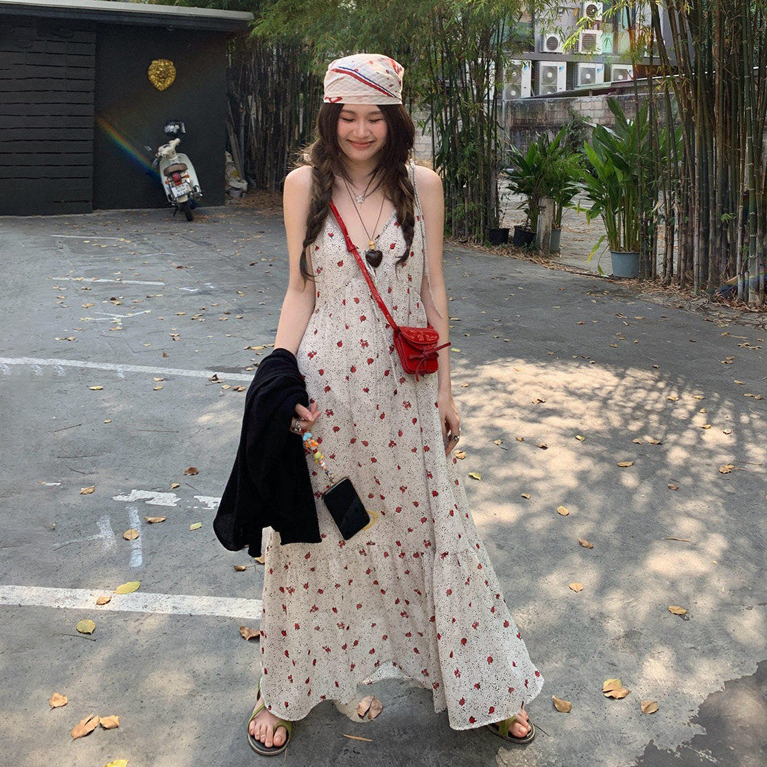 【ワンピース】大きいサイズ レディース 夏新作 フレンチ風 花柄 キャミワンピース 海辺 リゾート風  ノースリーブ ウエストマーク 着痩せ ロングワンピース【SHシリーズ】