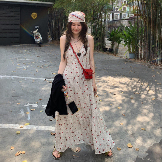 【ワンピース】大きいサイズ レディース 夏新作 フレンチ風 花柄 キャミワンピース 海辺 リゾート風  ノースリーブ ウエストマーク 着痩せ ロングワンピース【SHシリーズ】