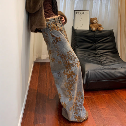 【ボトムス】レトロ ジャカード プラスサイズ 合わせやすい ワイドパンツ【FCシリーズ】【SHシリーズ】