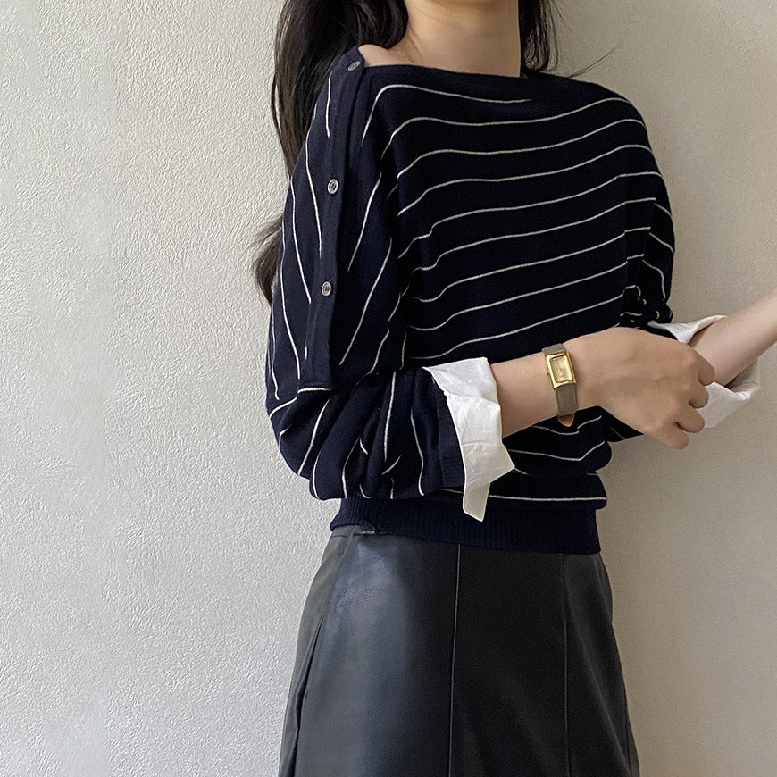 【トップス】オフショルボーダーニットＴシャツ レディース 肩見せ ゆったりシルエット レイヤード 秋トップス【JZシリーズ】