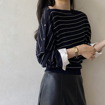 【トップス】オフショルボーダーニットＴシャツ レディース 肩見せ ゆったりシルエット レイヤード 秋トップス【JZシリーズ】