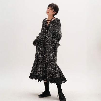 【ワンピース】春 秋 総刺繍 レトロ エスニック風 ジャカード 長袖 ワンピース【JZシリーズ】