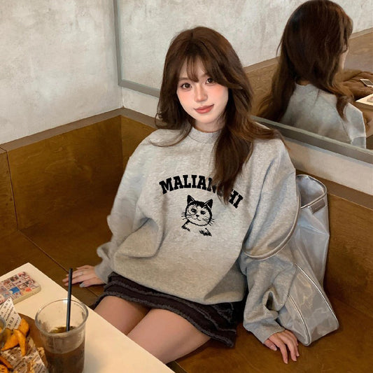 【トップス】アメリカン風 カートゥーン子猫プリント スウェット レディース 秋冬 ゆるシルエット デザイン感 長袖トップス ストリート系  裏起毛 厚手 パーカー【FCシリーズ】