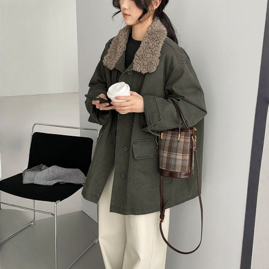 【アウター】レトロ 春 秋 冬 ボア襟 パーカーダウンジャケット 【JZシリーズ】