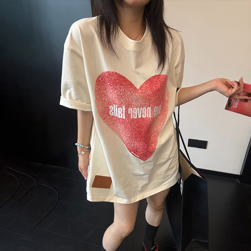 【トップス】古着風 ラブハートデザインTシャツ 綿100％ レディース オーバーサイズ 夏 半袖【FCシリーズ】