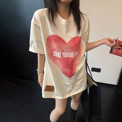 【トップス】古着風 ラブハートデザインTシャツ 綿100％ レディース オーバーサイズ 夏 半袖【FCシリーズ】