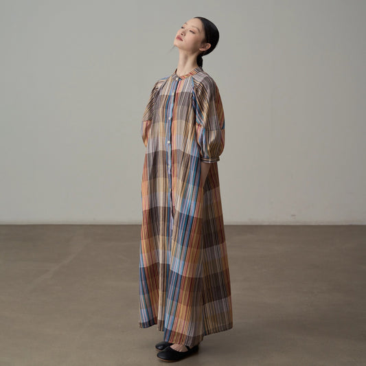 【ワンピース】フレンチリゾート風 チェック柄ロングシャツワンピース 半袖 ゆったりシルエット【SHシリーズ】