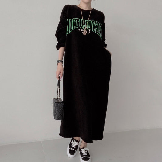 【ワンピース】韓国chic 秋新作 コーデュロイ ワンピース レディース ゆったり大きめサイズ レトロ花柄 カジュアル可愛い ミモレ丈 体型カバー【JZシリーズ】