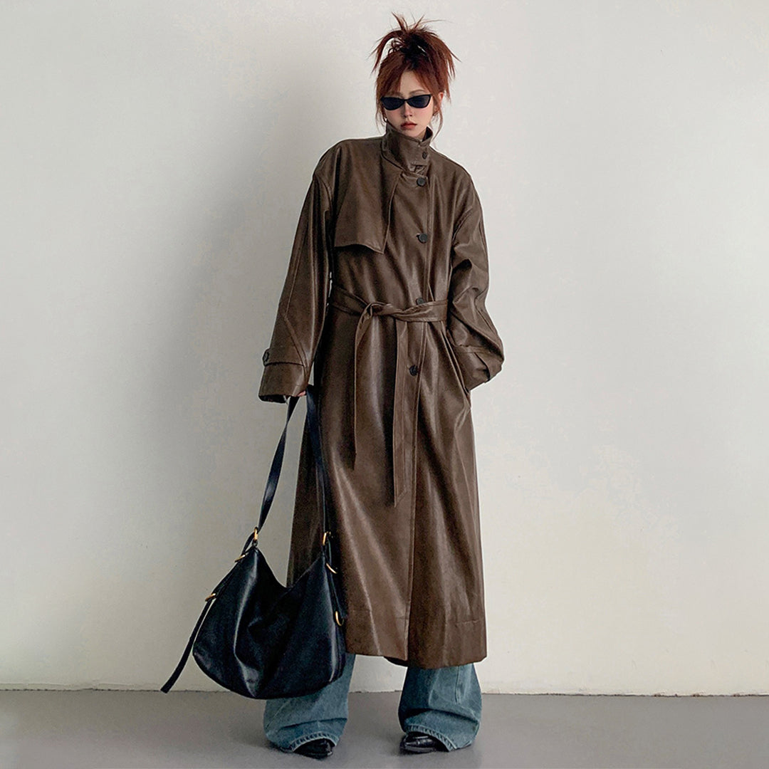 【アウター】2025新作 イングランド風 ゆったり スタンドネック PU コート【FCシリーズ】