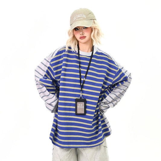 【トップス】配色ボーダー 長袖Tシャツ オーバーサイズ BFスタイル 韓国ストリート レディース【FCシリーズ】